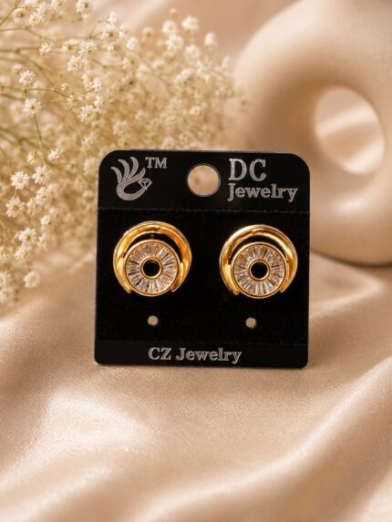 ✨ Gold Plated CZ Circular Stud Earrings for Women | Elegant Crystal Everyday Earrings