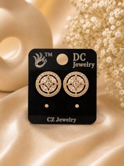 ✨ Gold Plated CZ Floral Round Stud Earrings for Women | Elegant Sparkling Everyday Earrings
