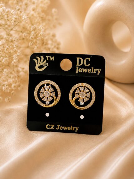 ✨ Gold Plated CZ Floral Halo Stud Earrings for Women | Elegant Rose Gold Crystal Earrings