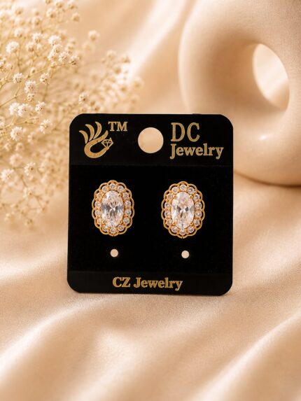 ✨ Gold Plated CZ Oval Halo Stud Earrings for Women | Elegant Crystal Everyday Earrings