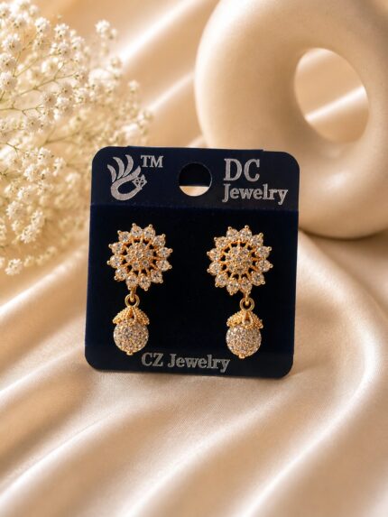 ✨ Gold Plated CZ Floral Drop Stud Earrings for Women | Elegant Crystal Dangle Earrings