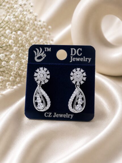 ✨ Silver Plated CZ Floral Teardrop Drop Earrings for Women | Elegant Crystal Dangle Earrings