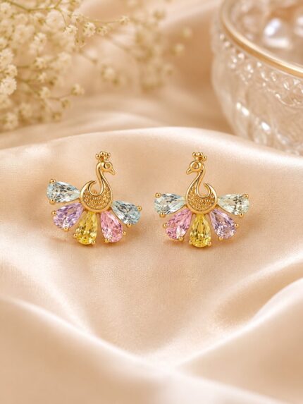 ✨ Gold Plated CZ Peacock Multicolor Stud Earrings for Women | Elegant Pastel Crystal Party Wear Earrings