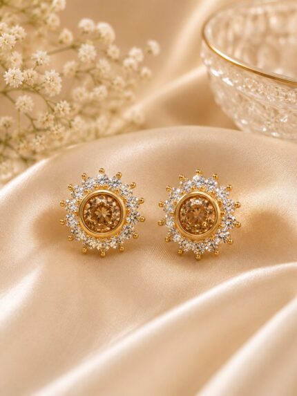 ✨ Gold Plated CZ Sunflower Halo Stud Earrings for Women | Elegant Crystal Flower Earrings
