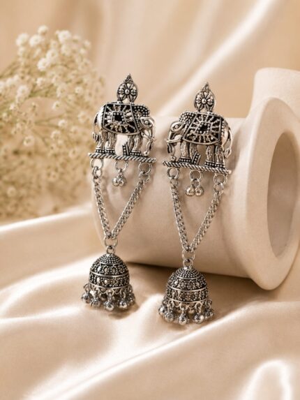 ✨ Antique Silver Elephant Chain Jhumka Earrings for Women | Oxidised Tribal Statement Earrings 🐘💎