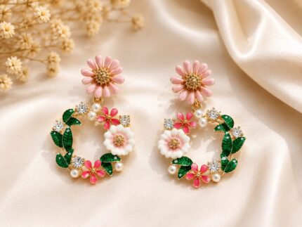 SEO Title:
Pink Floral Wreath Drop Earrings for Women | Enamel Flower & Pearl Statement Earrings | Fashion Jewellery | LAADDO