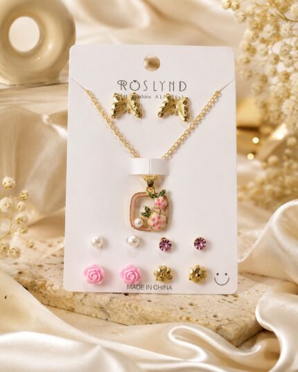 🌸 Elegant Floral Pendant Necklace & 5-Pair Stud Earrings Jewelry Set ✨