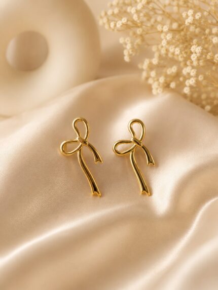 ✨ Title: Elegant Golden Bow Stainless Steel Earrings 🎀✨