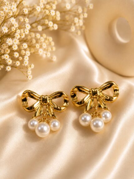 🎀✨ Elegant Pearl Bow Earrings for Women 🤍💎 | Gold Finish Statement Earrings ✨🌸