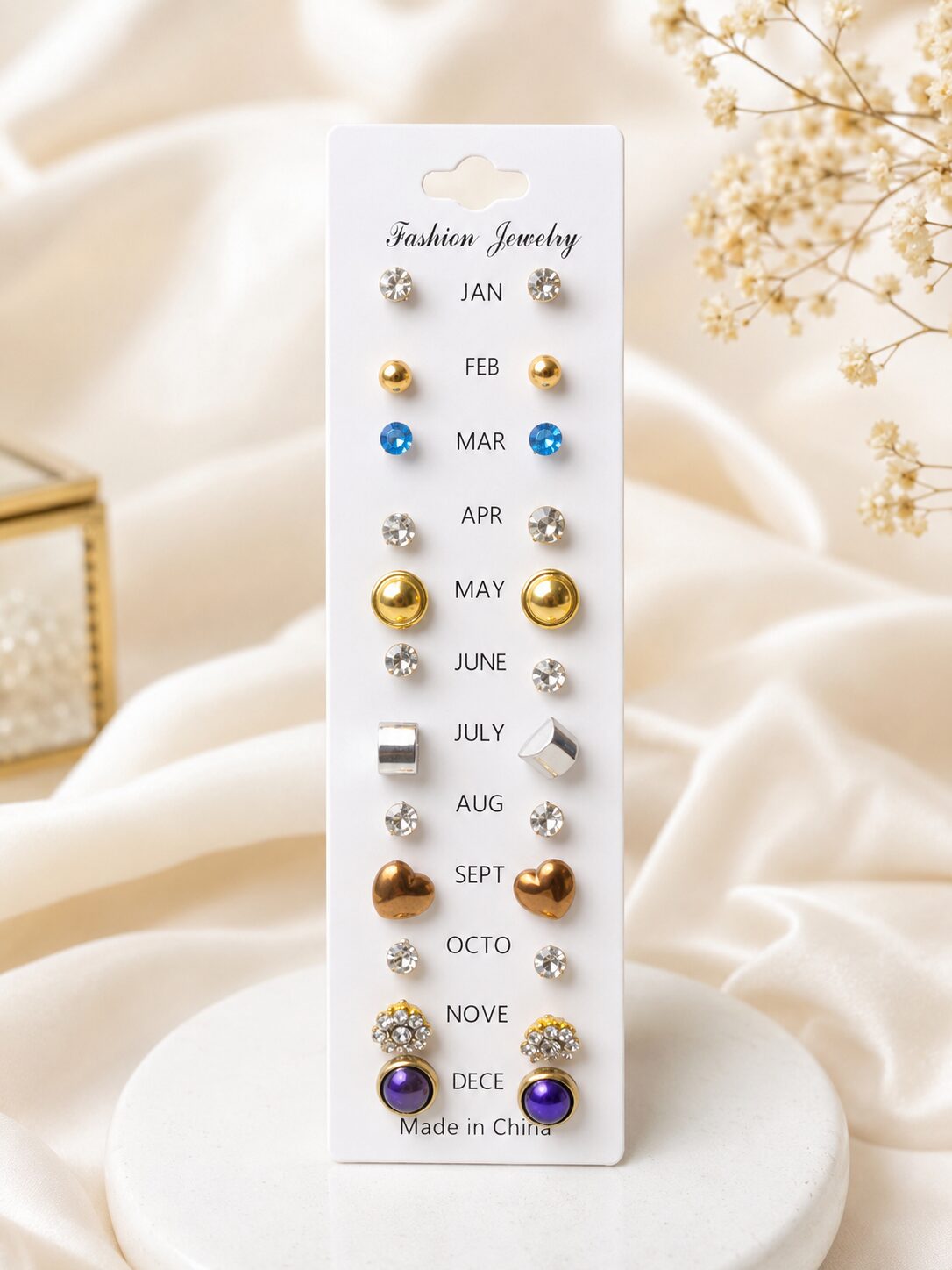 2026/07/1003577378.jpg 12 Pairs Crystal & Heart Stud Earrings Set for Women | Fashion Jewelry Multi Design Daily Wear Earrings - Image 1