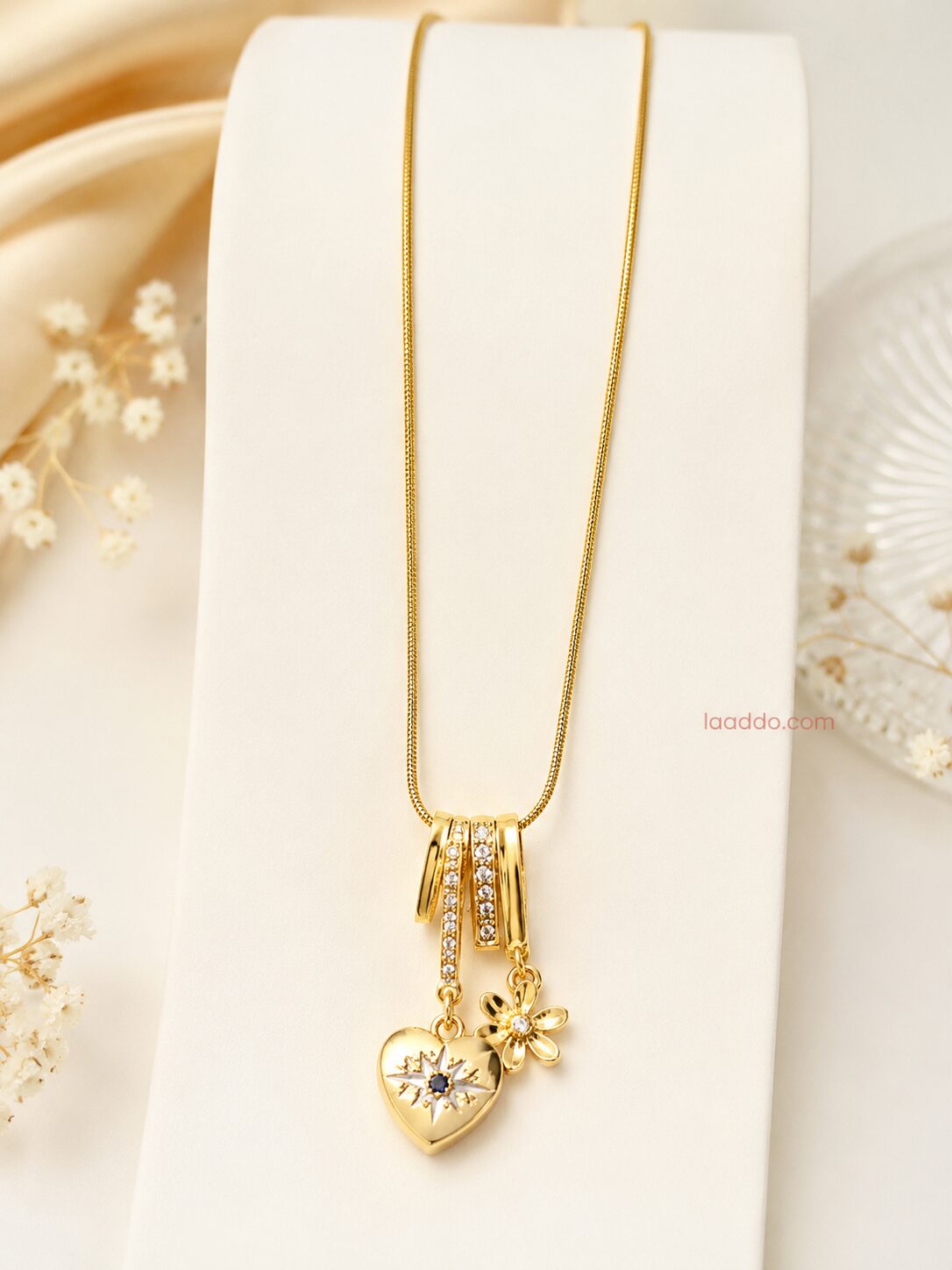 2026/07/1003577380.jpg Anti Tarnish Gold Heart & Floral Charm Pendant Necklace for Women | Elegant Daily Wear Stainless Steel Chain - Image 1