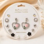 Silver Heart Rose Multi Stud Earrings Set for Women | Crystal Pearl Floral Korean Style Earrings (12 Pairs)