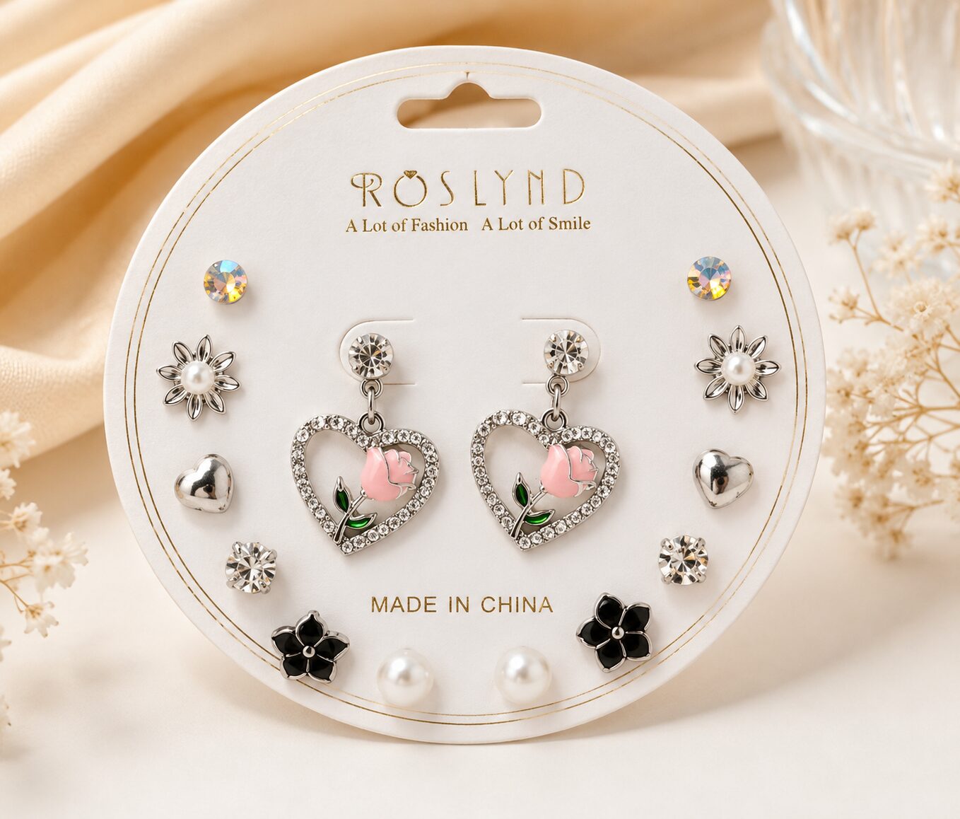 2026/07/1003577382.jpg Silver Heart Rose Multi Stud Earrings Set for Women | Crystal Pearl Floral Korean Style Earrings (12 Pairs) - Image 1