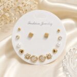 Gold Multi Stud Earrings Set for Women | Pearl, Crystal, Heart & Flower Korean Style Earrings (12 Pairs)