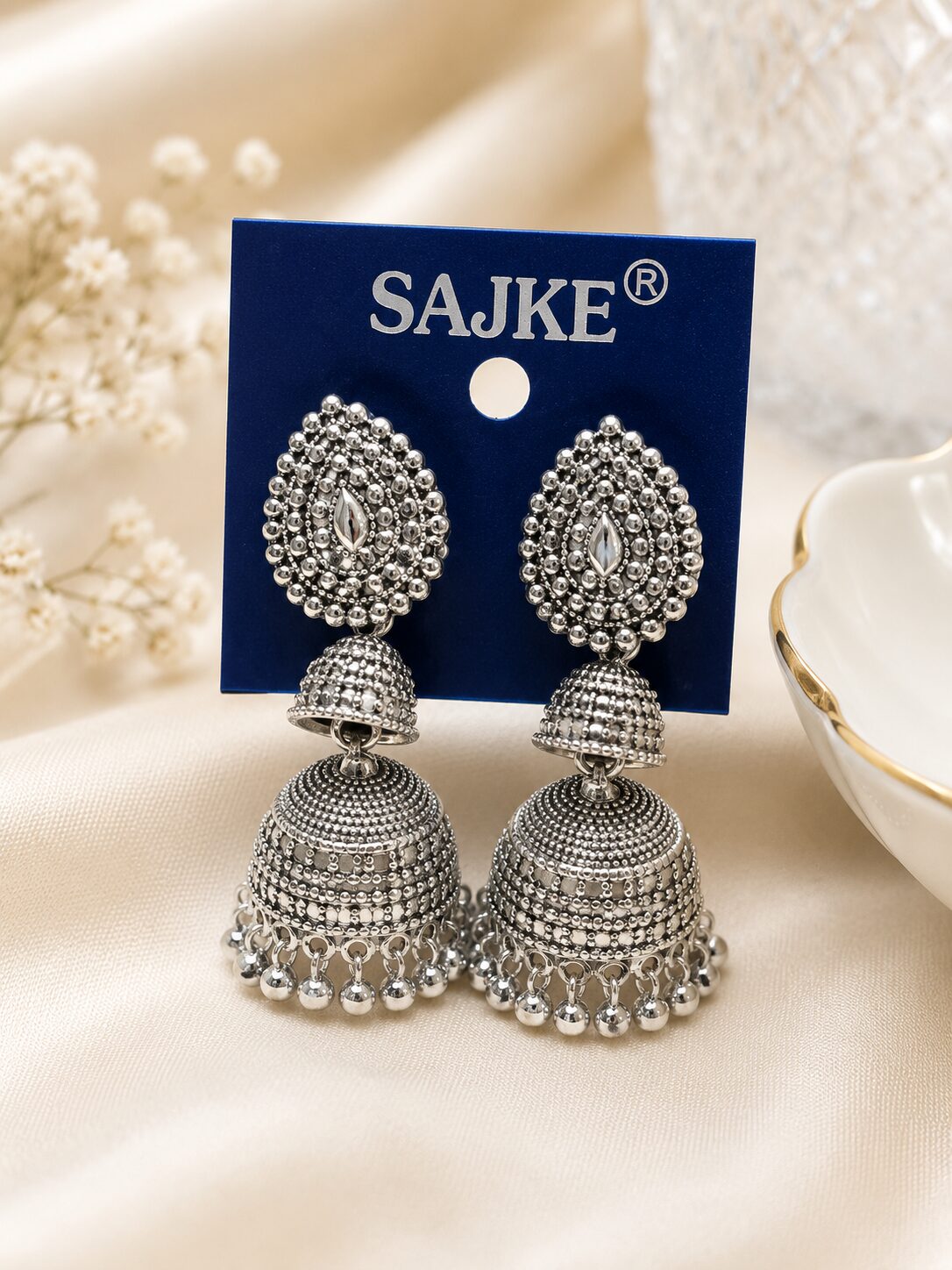 2026/07/1003577386.jpg Silver Oxidised Traditional Jhumka Earrings for Women | Ethnic Dome Drop Earrings | Party & Festive Wear - Image 1