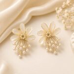 Gold Floral Pearl Drop Earrings for Women | Elegant Daisy Statement Earrings | Korean Style Party Wear Jewellery
