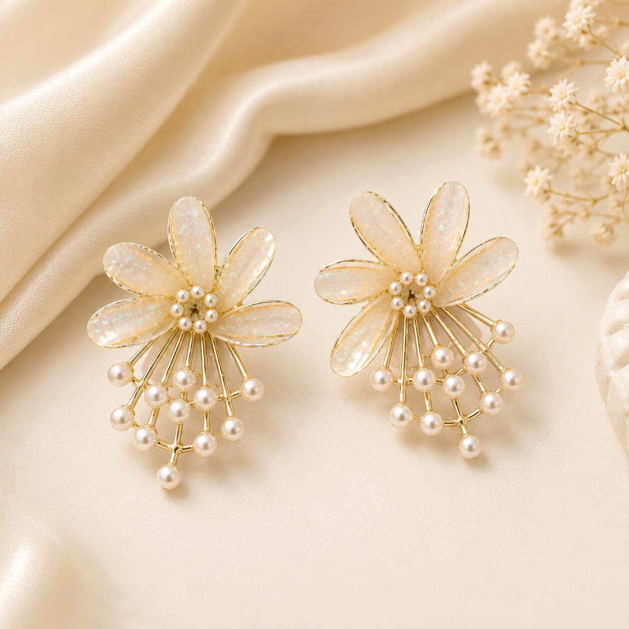 2026/07/1003577388.jpg Gold Floral Pearl Drop Earrings for Women | Elegant Daisy Statement Earrings | Korean Style Party Wear Jewellery - Image 1