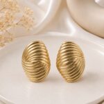 Gold Ribbed Oval Statement Earrings for Women | Vintage Textured Stud Earrings | LAADDO