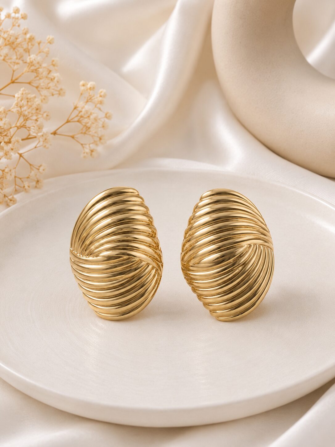 2026/07/1003577451-2.jpg Gold Ribbed Oval Statement Earrings for Women | Vintage Textured Stud Earrings | LAADDO - Image 1