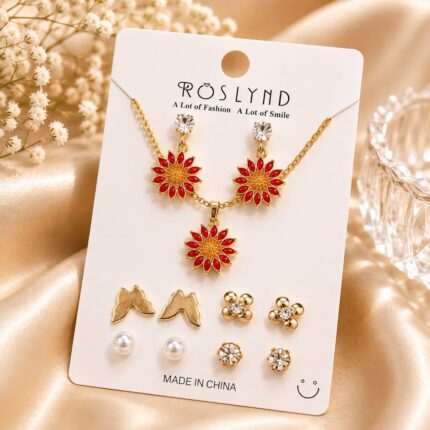 Sunflower Pendant & Earrings Set with 6 Pair Stud Earrings | Gold-Plated Floral Jewellery Gift Set | Anti-Tarnish Fashion Jewelry