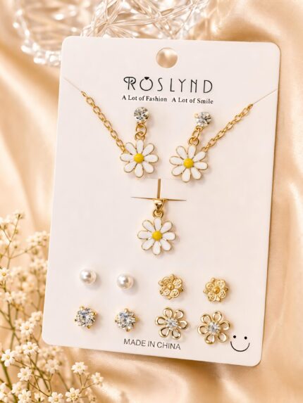 White Daisy Pendant & Drop Earrings Set with 6 Pair Stud Earrings | Gold-Plated Floral Jewellery Set | Anti-Tarnish Fashion Jewelry