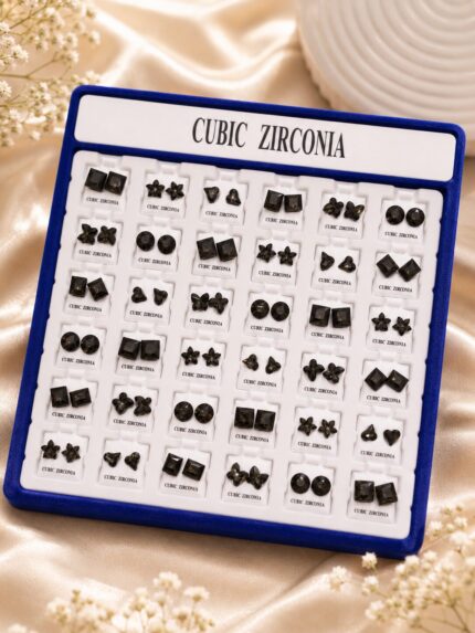 Black Cubic Zirconia Stud Earrings Collection for Women | Gold-Plated Anti-Tarnish Premium Geometric & Floral Earrings Set 🖤✨