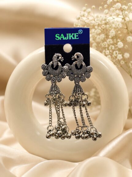 Oxidized Peacock Design Long Tassel Earrings for Women | Traditional Ethnic Dangler Earrings | Antique Silver Finish 🦚✨