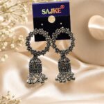 🌸 Vintage Oxidised Floral Hoop Jhumka Earrings for Women | Boho Statement Earrings | Antique Silver Ethnic Jewellery | LAADDO