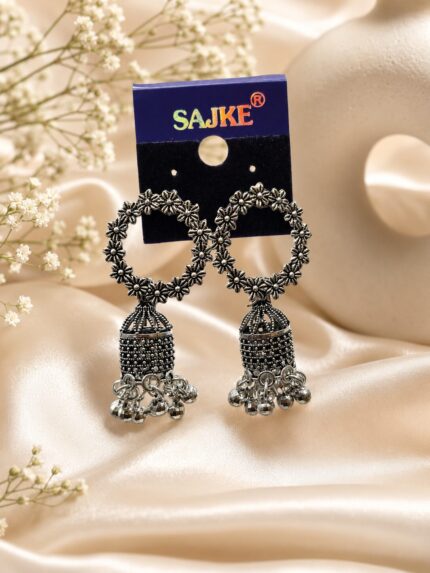 🌸 Vintage Oxidised Floral Hoop Jhumka Earrings for Women | Boho Statement Earrings | Antique Silver Ethnic Jewellery | LAADDO