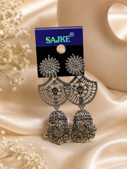 🌼 Vintage Oxidised Floral Jhumka Earrings for Women | Antique Silver Ethnic Drop Earrings | Traditional Statement Jewellery | LAADDO