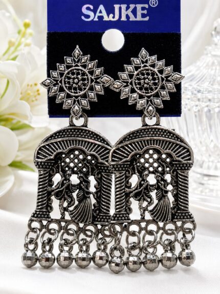 Oxidised Radha Krishna Temple Jhumka Earrings for Women | Traditional Ethnic Silver Look Earrings ✨🩶