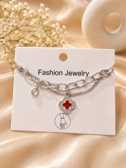 Silver Clover Charm Bracelet – Anti-Tarnish Crystal Link Bracelet for Women & Girls ✨
