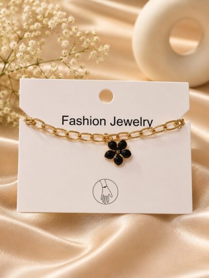 Black Floral Charm Bracelet – Anti-Tarnish Gold Plated Chain Bracelet for Women & Girls ✨