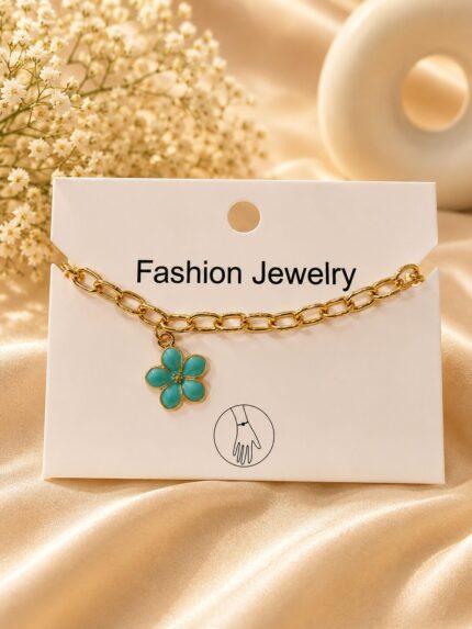 Turquoise Flower Charm Bracelet – Anti-Tarnish Gold Plated Chain Bracelet for Women & Girls ✨