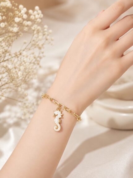 ✨ Elegant White Seahorse Charm Bracelet – Gold-Plated Minimalist Wrist Bracelet for Women 🤍🌊💛
