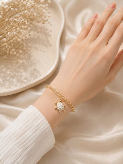 Elegant White Turtle Charm Gold Bracelet for Women | Minimalist Korean Style Wrist Bracelet 🐢✨