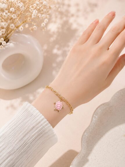 Cute Pink Turtle Charm Gold Bracelet for Women | Elegant Minimalist Korean Style Wrist Bracelet 🩷🐢✨