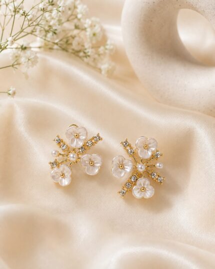 Elegant Pearl Blossom Gold Stud Earrings for Women | Floral Rhinestone Korean Style Earrings