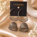 LAADDO Oxidised Silver Jhumka Hoop Earrings for Women | Traditional Boho Ethnic Earrings