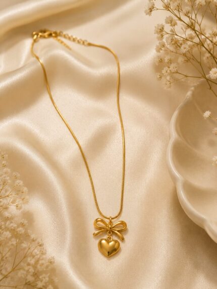 Elegant Bow Heart Pendant Necklace | Gold Stainless Steel Anti-Tarnish Chain | Minimalist Women's Jewelry | LAADDO