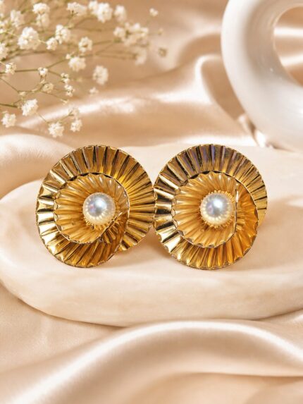 Luxury Gold Spiral Pearl Stud Earrings for Women | Statement Designer Earrings | LAADDO