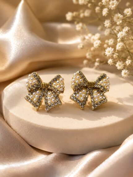 🎀 Elegant Pearl Bow Stud Earrings | Korean Style Crystal Earrings | Gold Plated