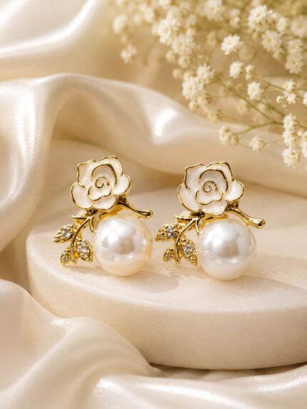 🌹 Elegant Rose Pearl Stud Earrings | Korean Style Floral Gold-Plated Earrings