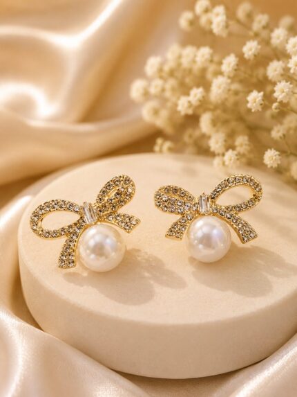 🎀 Luxury Pearl Bow Stud Earrings | Korean Crystal Ribbon Earrings | Gold-Plated Elegant Earrings