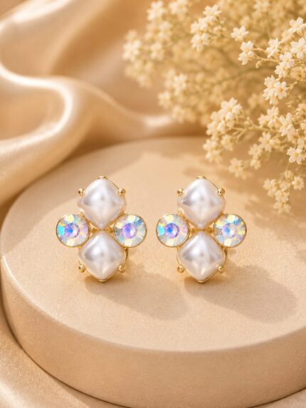 ✨ Elegant Pearl & Aurora Crystal Stud Earrings | Korean Style Gold-Plated Designer Earrings