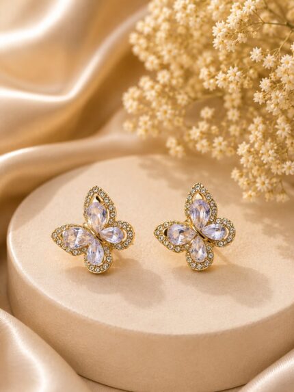 🦋 Luxury Crystal Butterfly Stud Earrings | Korean Style Gold-Plated Butterfly Earrings