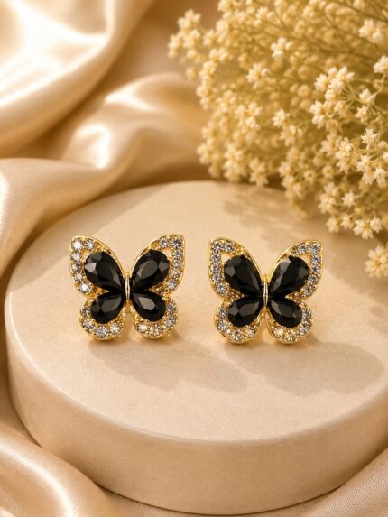 🖤 Luxury Black Crystal Butterfly Stud Earrings | Korean Style Gold-Plated Designer Earrings