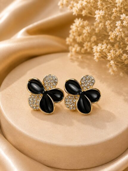 🖤 Elegant Black Floral Crystal Stud Earrings | Korean Style Gold-Plated Designer Earrings