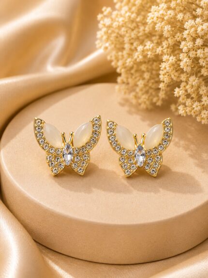 🦋 Elegant White Crystal Butterfly Stud Earrings | Korean Style Gold-Plated Designer Earrings