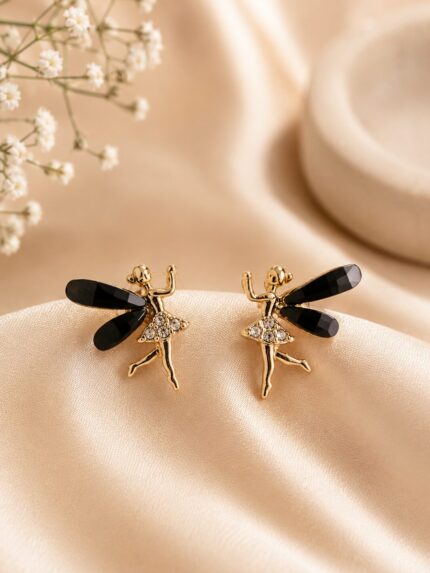 🧚 Golden Fairy Stud Earrings for Women | Black Crystal Wing Korean Earrings | Cute Party & Casual Wear